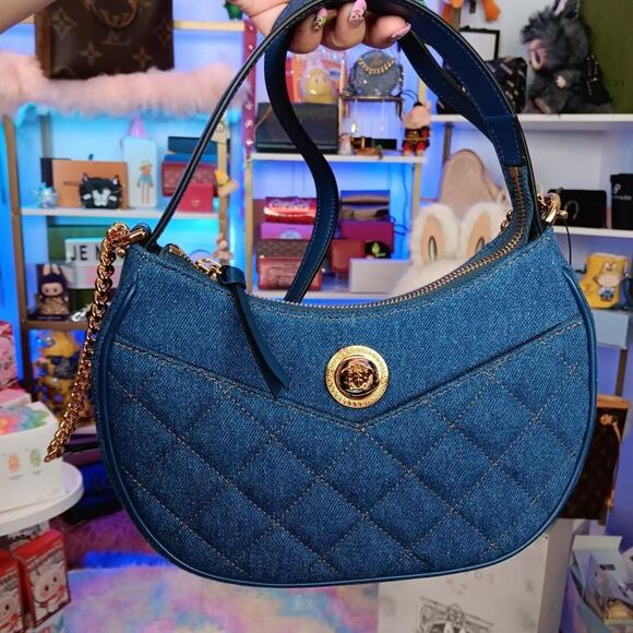New Versace Denim Calfskin Quilted Medusa Half Moon Shoulder Bag Blue - Picture 2 of 11